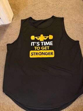 Black Workout Tank with Yellow 'It's Time to Get Stronger' Graphic